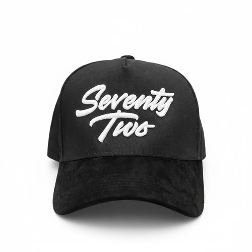 Black cap with 'Seventy Two' text in white on a white background