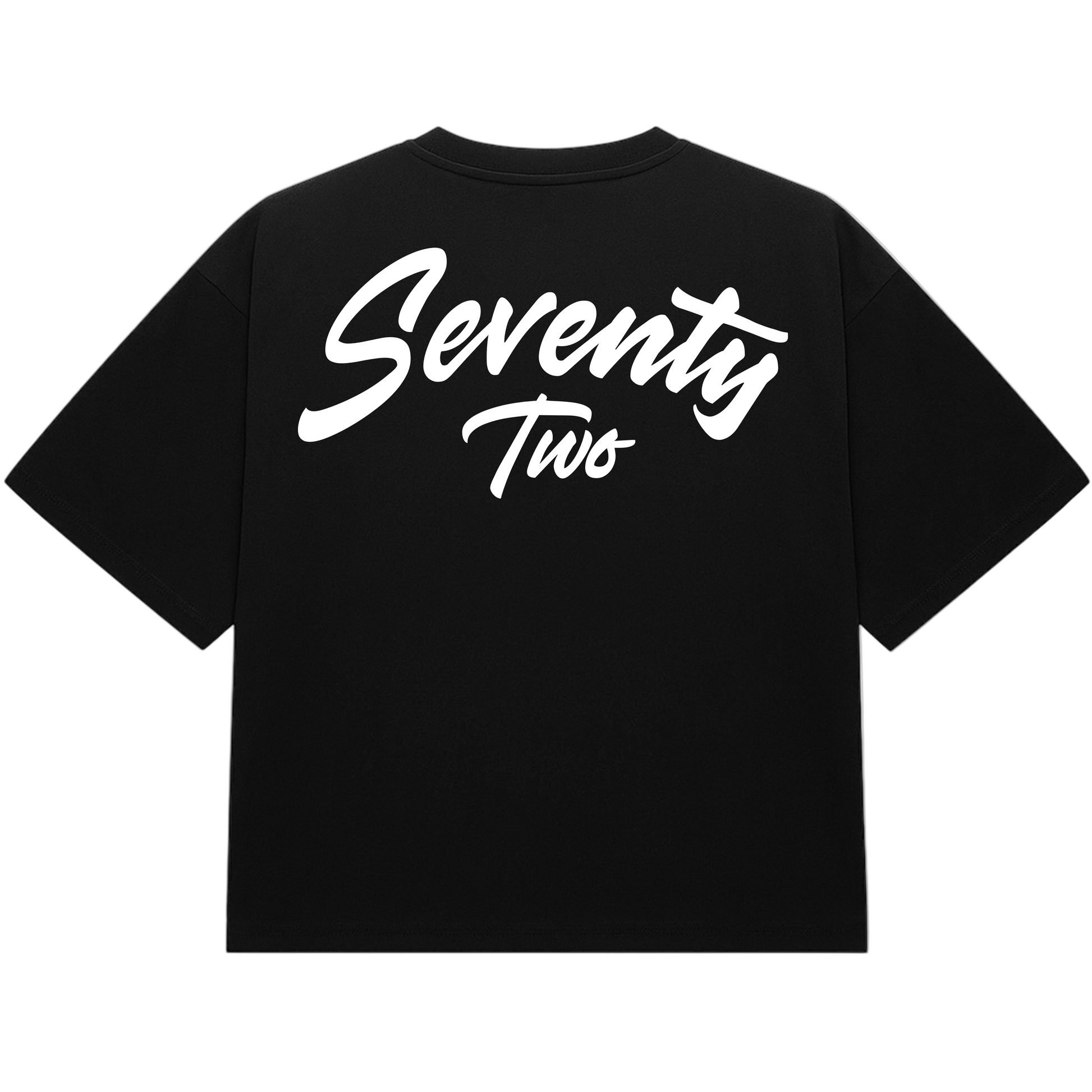 Black t-shirt with 'Seventy Two' printed on the back against a white background